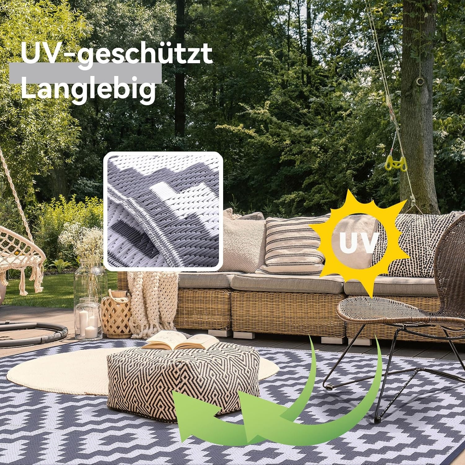 Homaxy Outdoor Rug Weatherproof, Plastic Straw Rug UV-Resistant Reversible Balcony Rug Foldable Washable Garden Rug for Patio Camping Picnic (240 x 300 cm, Grey & White)