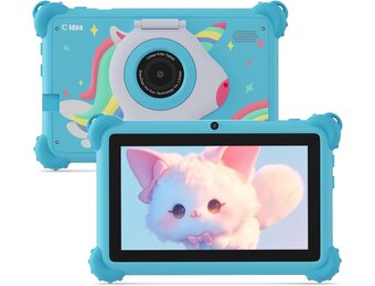 C idea 7 inch tablet voor kinderen van 3 tot 7 jaar, Android-tablet, 4 (2 + 2) GB RAM + 32 GB ROM, IPS-scherm 1024 x 600, wifi, Bluetooth, iWawa vooraf geïnstalleerd, met beschermhoes (blauw)