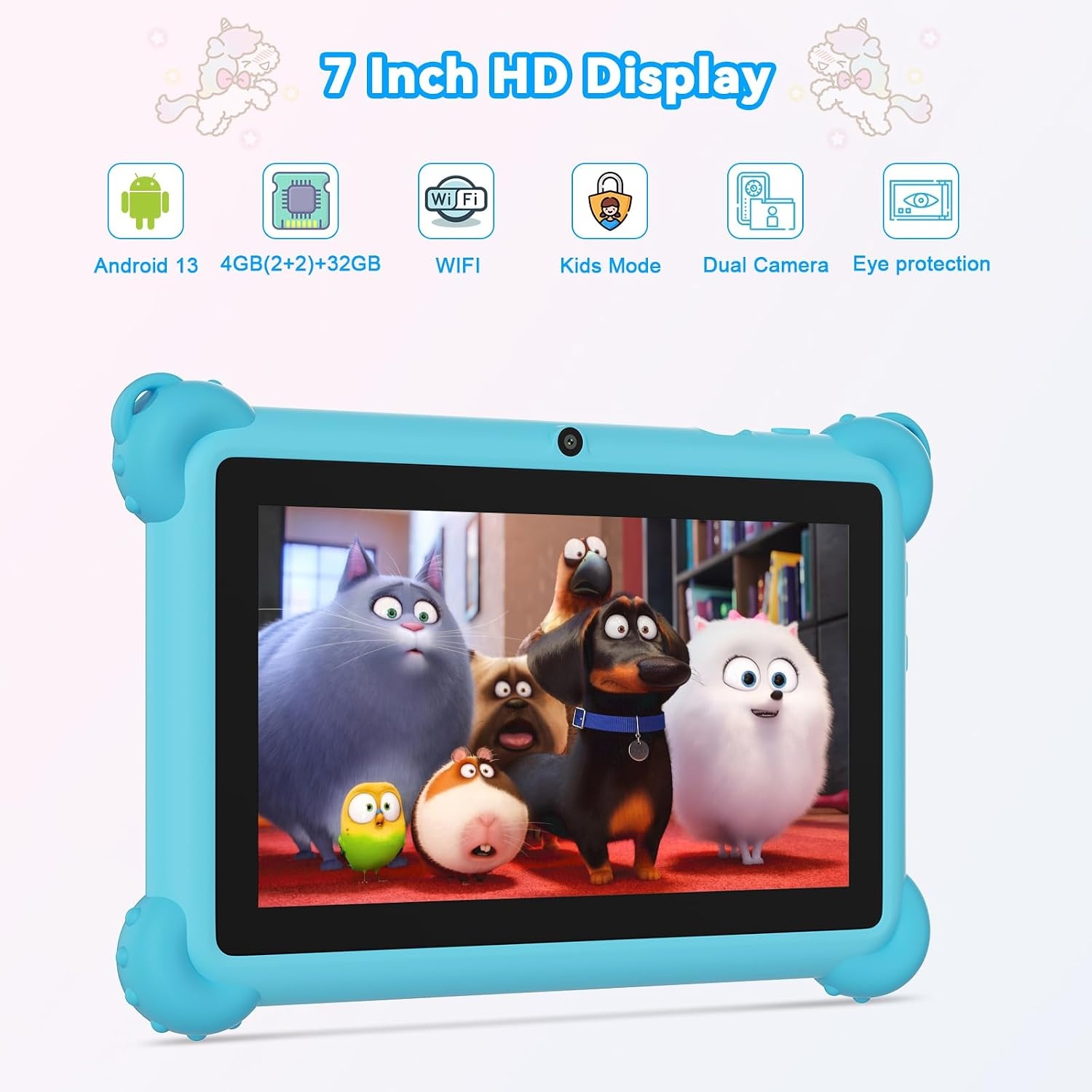 C idea 7 inch tablet voor kinderen van 3 tot 7 jaar, Android-tablet, 4 (2 + 2) GB RAM + 32 GB ROM, IPS-scherm 1024 x 600, wifi, Bluetooth, iWawa vooraf geïnstalleerd, met beschermhoes (blauw)
