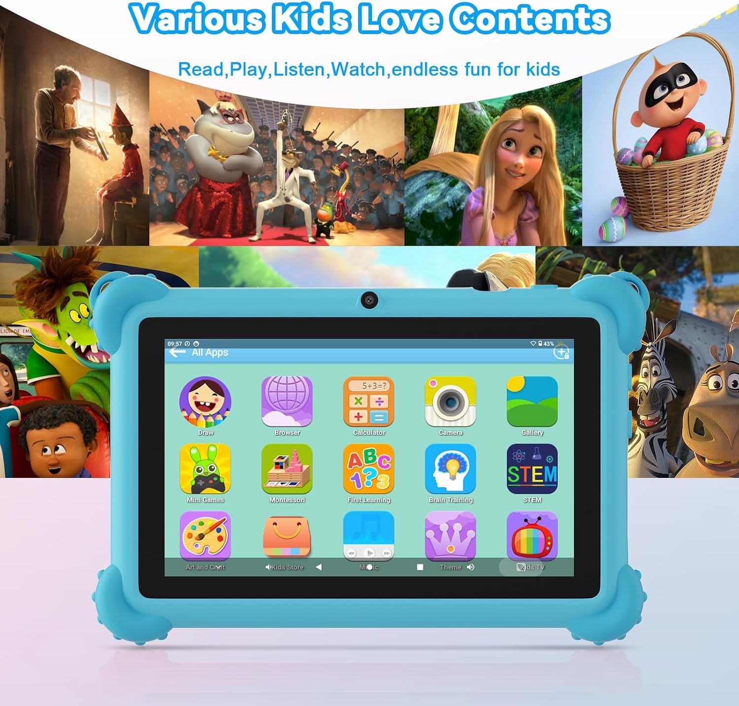 C idea 7 inch tablet voor kinderen van 3 tot 7 jaar, Android-tablet, 4 (2 + 2) GB RAM + 32 GB ROM, IPS-scherm 1024 x 600, wifi, Bluetooth, iWawa vooraf geïnstalleerd, met beschermhoes (blauw)