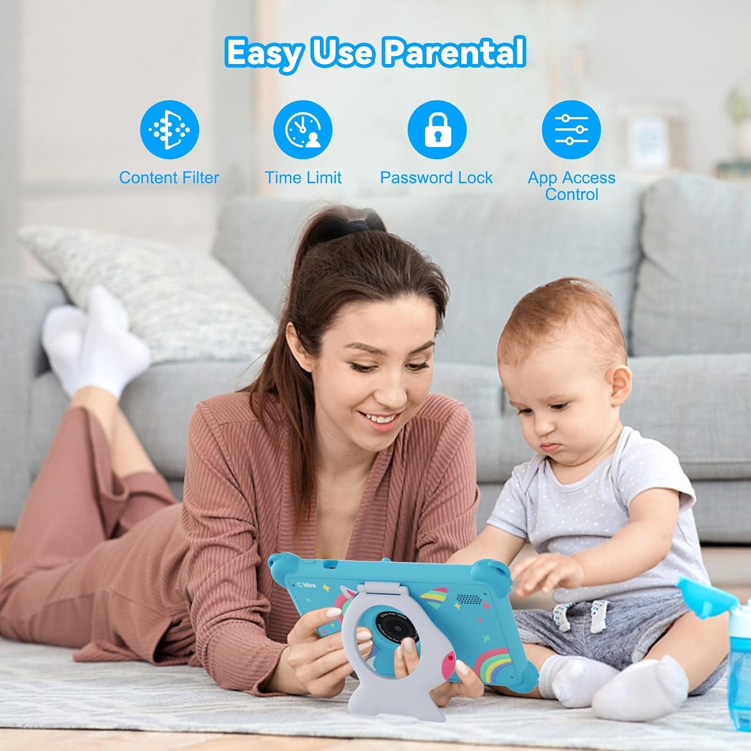 C idea 7 inch tablet voor kinderen van 3 tot 7 jaar, Android-tablet, 4 (2 + 2) GB RAM + 32 GB ROM, IPS-scherm 1024 x 600, wifi, Bluetooth, iWawa vooraf geïnstalleerd, met beschermhoes (blauw)