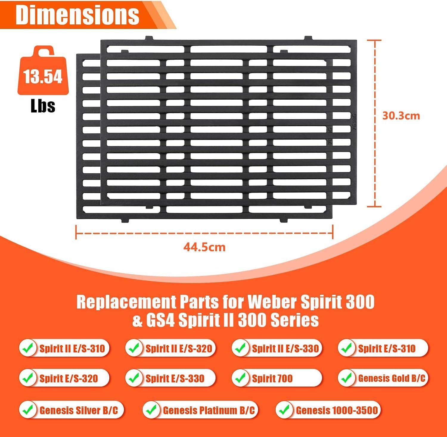 GFTIME 44.5 x 30.2cm 7638 Cast Iron Cooking Grates for Weber Spirit I & II 300 Series, Weber Spirit E/S-310, E/S-320, E/S-330, Spirit 700 (With Front Buttons), 7638 Cast Iron Grate
