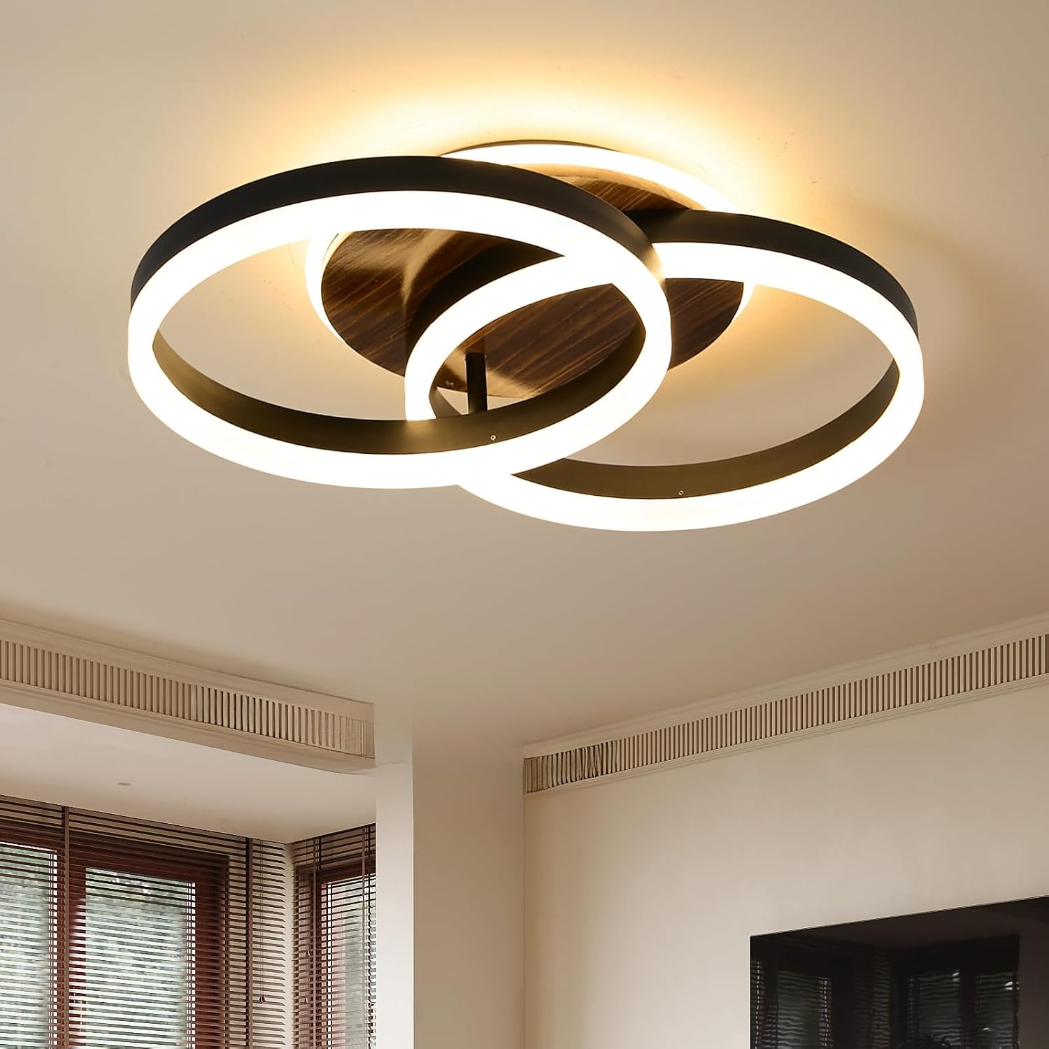 Amdelne LED Plafondlamp 50 cm - Modern Design in Zwart en Hout - Dimbare Ringlamp met Afstandsbediening