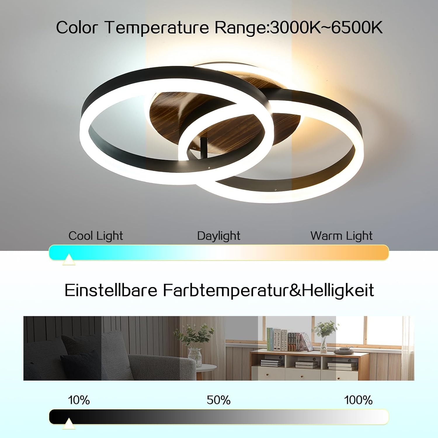 Amdelne LED Plafondlamp 50 cm - Modern Design in Zwart en Hout - Dimbare Ringlamp met Afstandsbediening