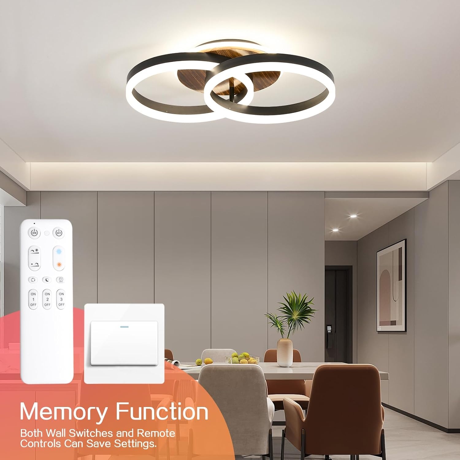 Amdelne LED Plafondlamp 50 cm - Modern Design in Zwart en Hout - Dimbare Ringlamp met Afstandsbediening
