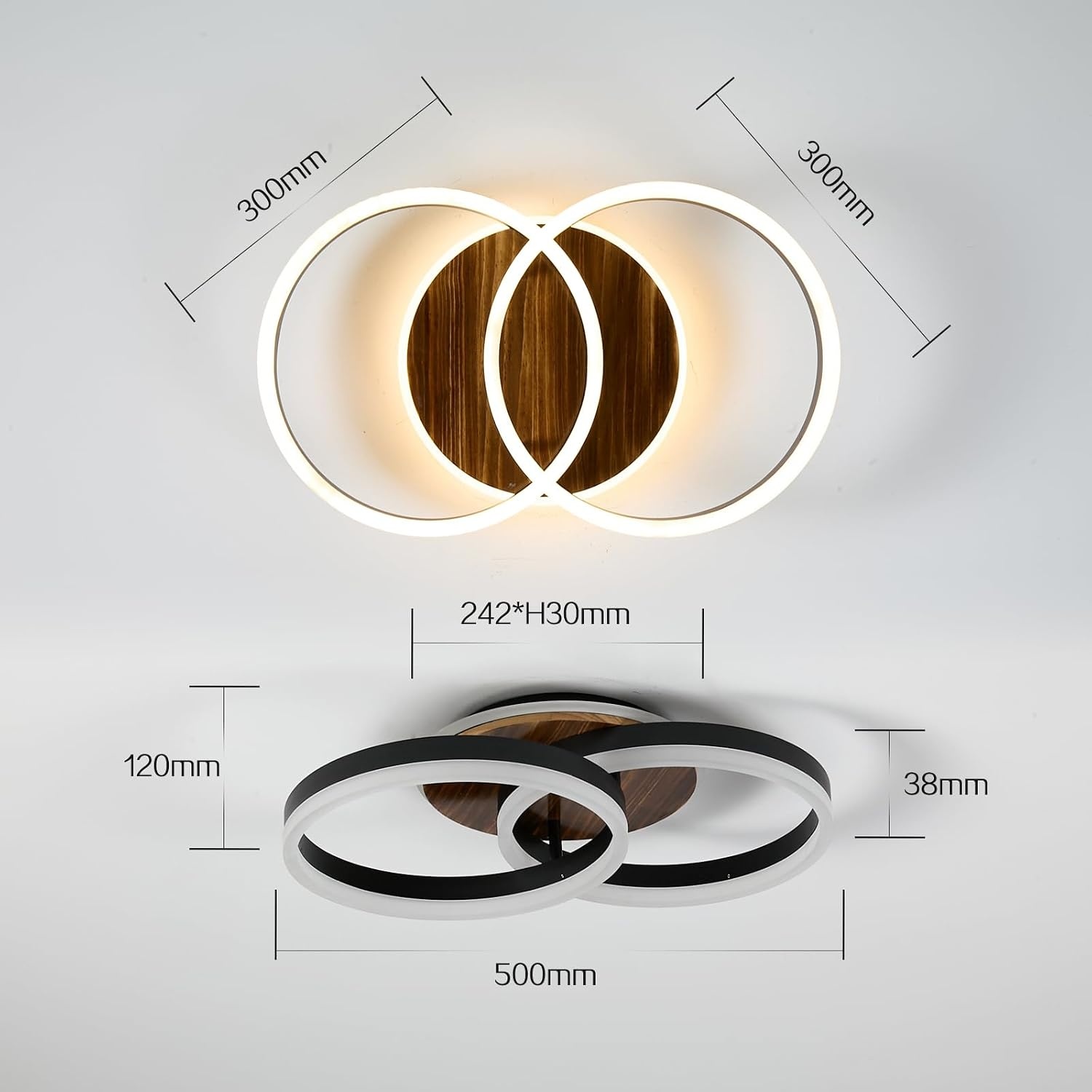 Amdelne LED Plafondlamp 50 cm - Modern Design in Zwart en Hout - Dimbare Ringlamp met Afstandsbediening