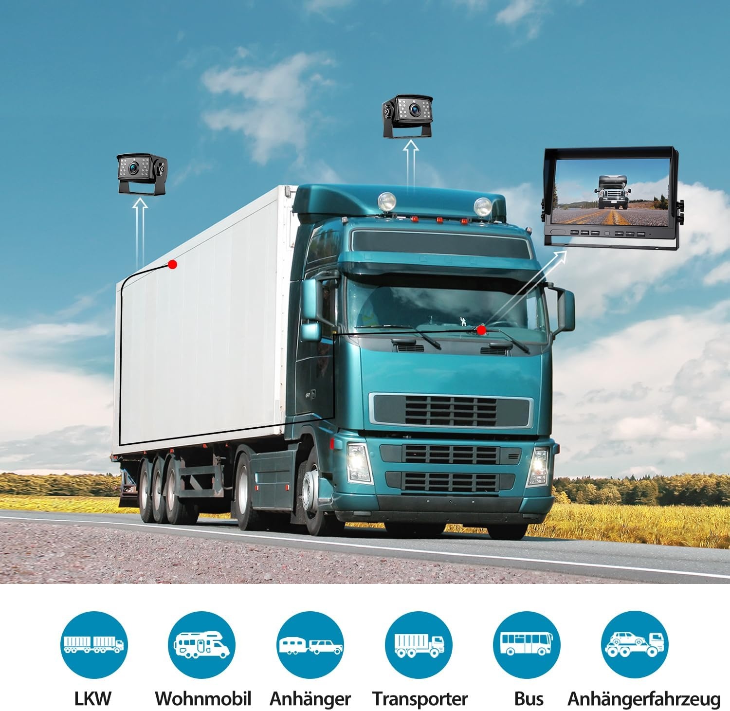 eRapta 10 inch 1080 P HD Wired Backup 2 Camera Systeem Kit, Dual Split Screen Monitor met Opname IP69 Waterdichte Vooraanzicht Achteruitrijcamera Parking Lijnen voor Truck/Semi-Trailer/Box Truck/RV