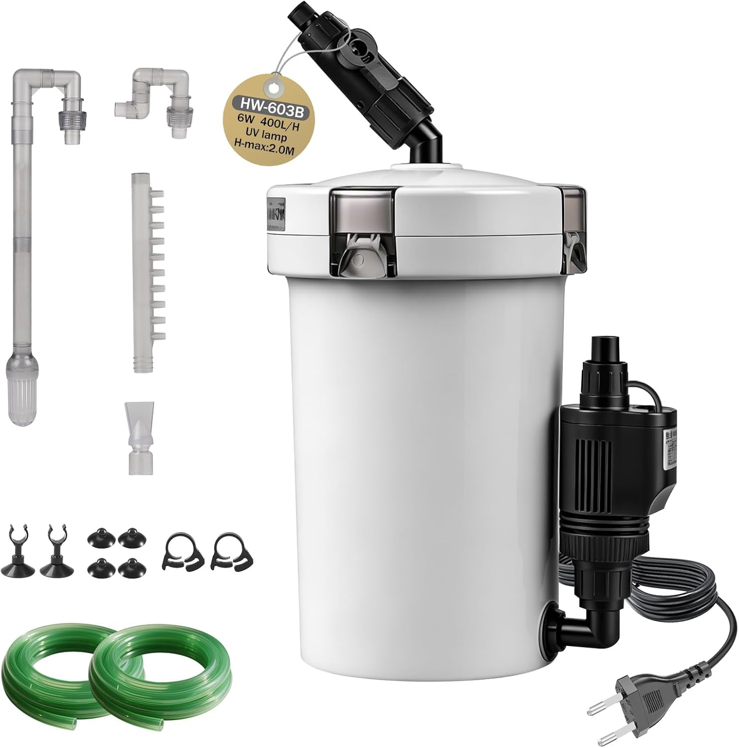 EXLECO HW-603B Buitenfilter voor aquaria 400 l/u, 6 W filter voor aquaria tot 120 liter, instelbaar aquariumfilter, krachtige jerrycan met 4 niveaus, kamerfilter met filtermateriaal slang