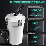 EXLECO HW-603B Buitenfilter voor aquaria 400 l/u, 6 W filter voor aquaria tot 120 liter, instelbaar aquariumfilter, krachtige jerrycan met 4 niveaus, kamerfilter met filtermateriaal slang