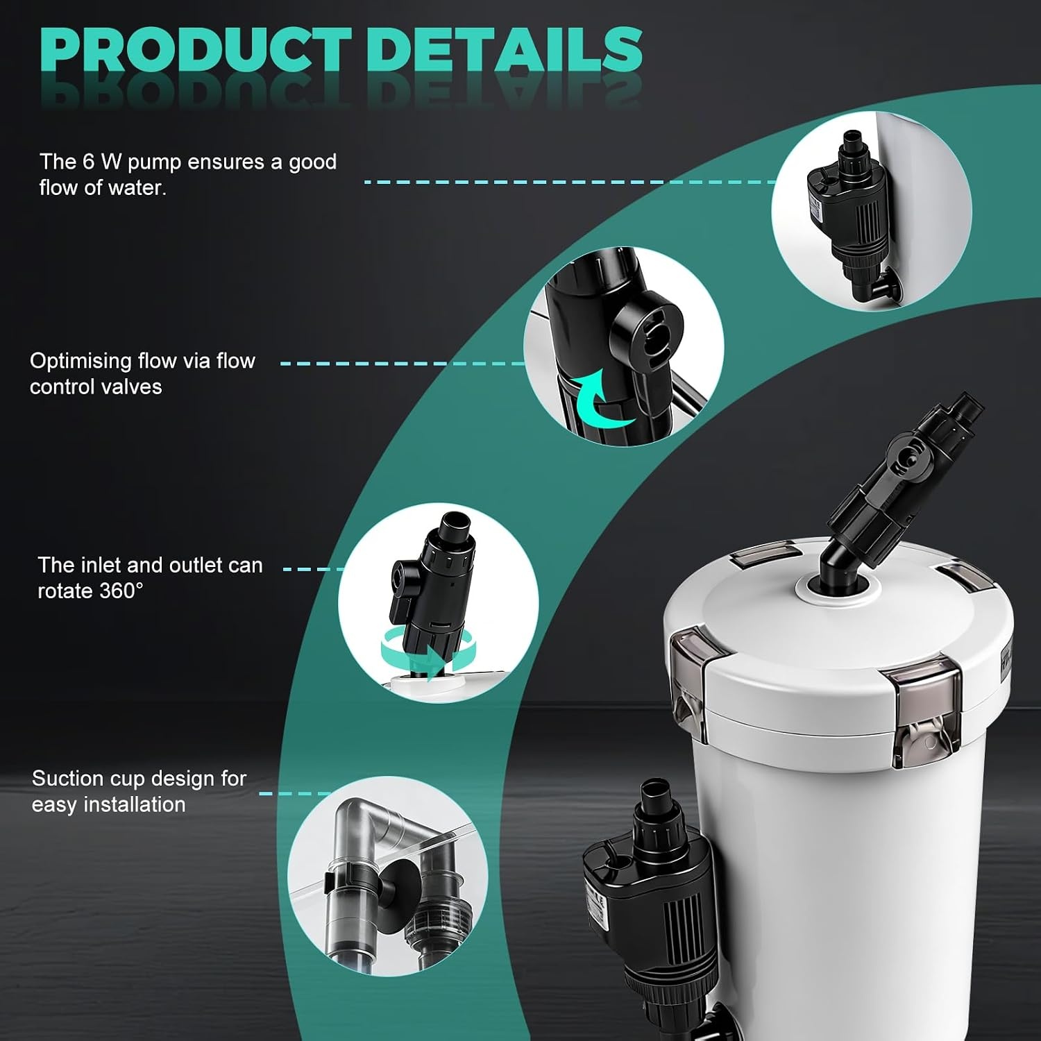 EXLECO HW-603B Buitenfilter voor aquaria 400 l/u, 6 W filter voor aquaria tot 120 liter, instelbaar aquariumfilter, krachtige jerrycan met 4 niveaus, kamerfilter met filtermateriaal slang