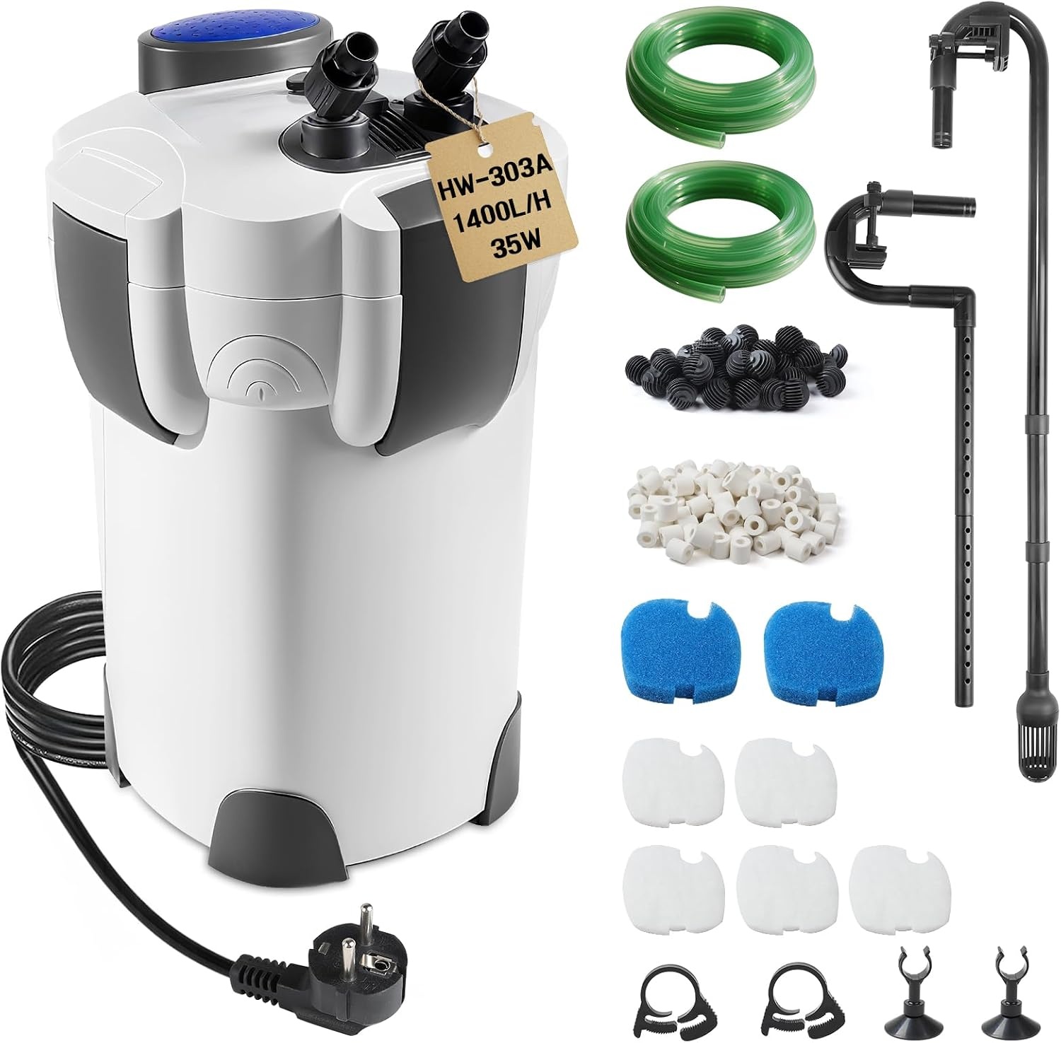 EXLECO HW-603B Buitenfilter voor aquaria 400 l/u, 6 W filter voor aquaria tot 120 liter, instelbaar aquariumfilter, krachtige jerrycan met 4 niveaus, kamerfilter met filtermateriaal slang