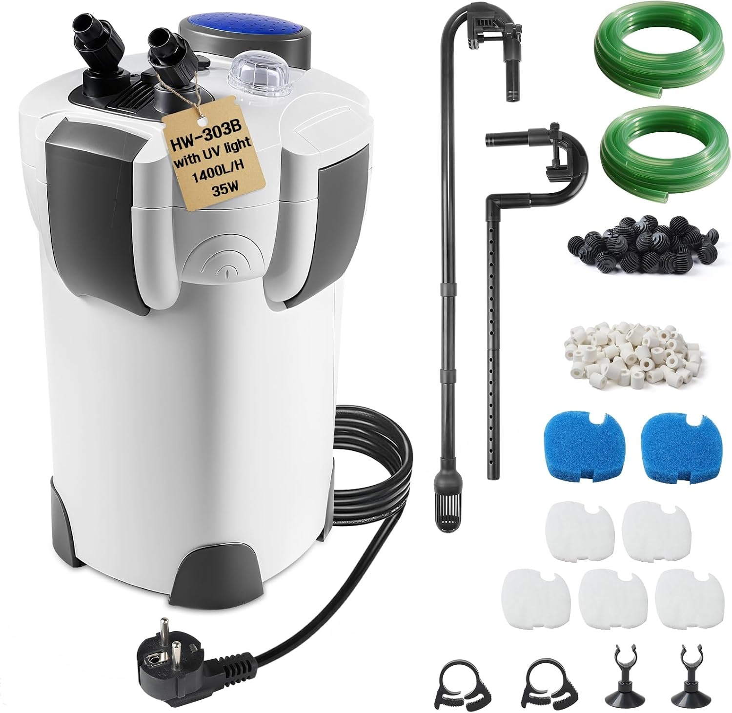 EXLECO HW-603B Buitenfilter voor aquaria 400 l/u, 6 W filter voor aquaria tot 120 liter, instelbaar aquariumfilter, krachtige jerrycan met 4 niveaus, kamerfilter met filtermateriaal slang