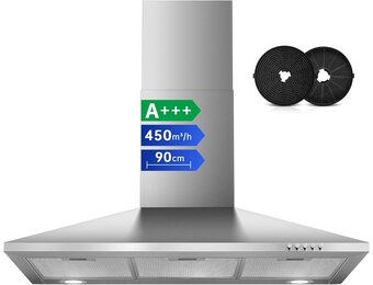 SNDOAS A+++ Afzuigkap, 90 cm, convectie, 400 m³/u, met actieve koolfilter, afvoerlucht/circulatielucht afzuigkap, stil, touch-bediening, wandkappen voor de keuken met 3 standen