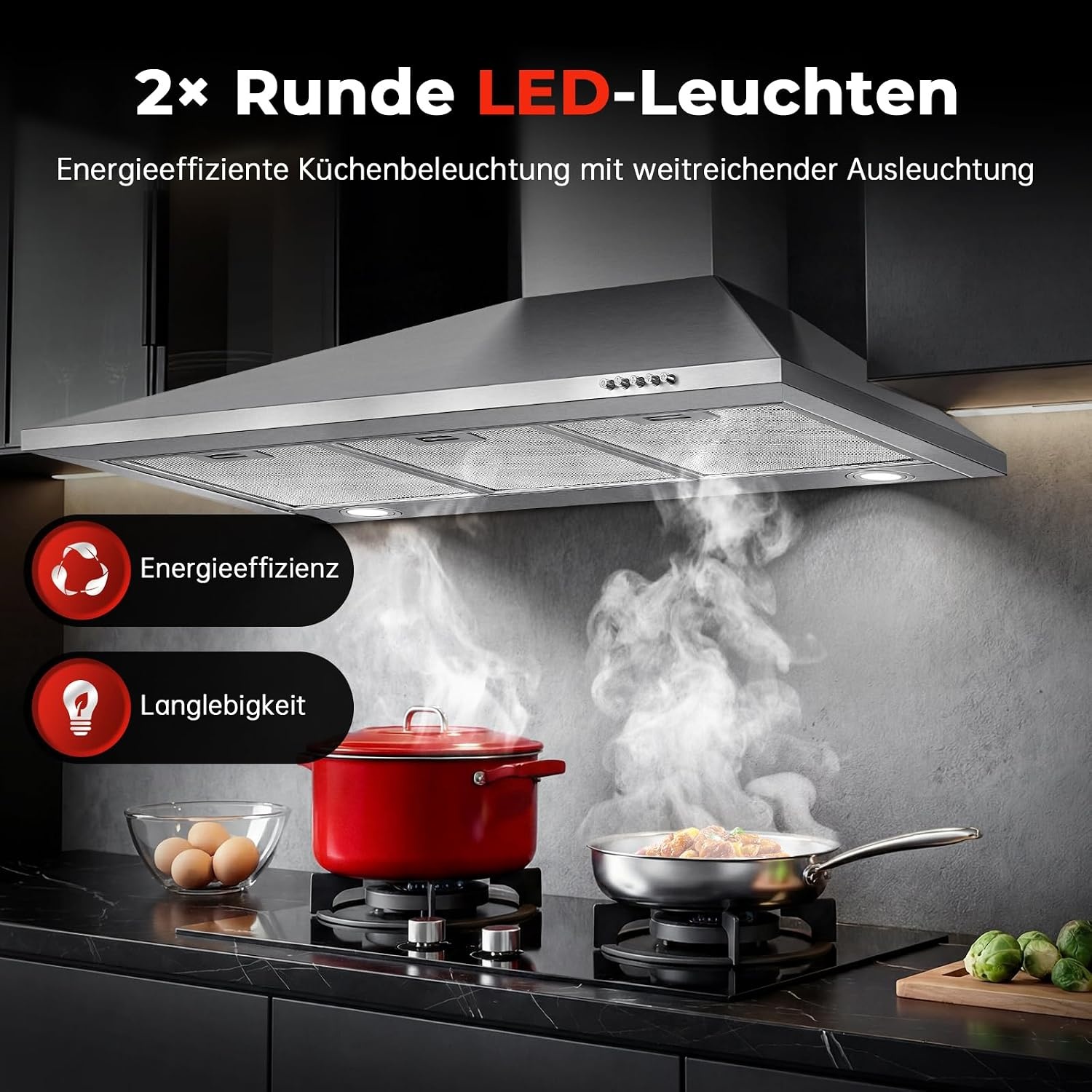 SNDOAS A+++ Afzuigkap, 90 cm, convectie, 400 m³/u, met actieve koolfilter, afvoerlucht/circulatielucht afzuigkap, stil, touch-bediening, wandkappen voor de keuken met 3 standen