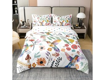 Kolibri Dekbedovertrek van 100% katoen, voor volwassenen, blauw, groen, lente, vogel, trooster, plant, bloem, beddengoedset, boerderij, natuur, lente, wild, dekbedovertrek met 1 kussensloop, 155 x 220
