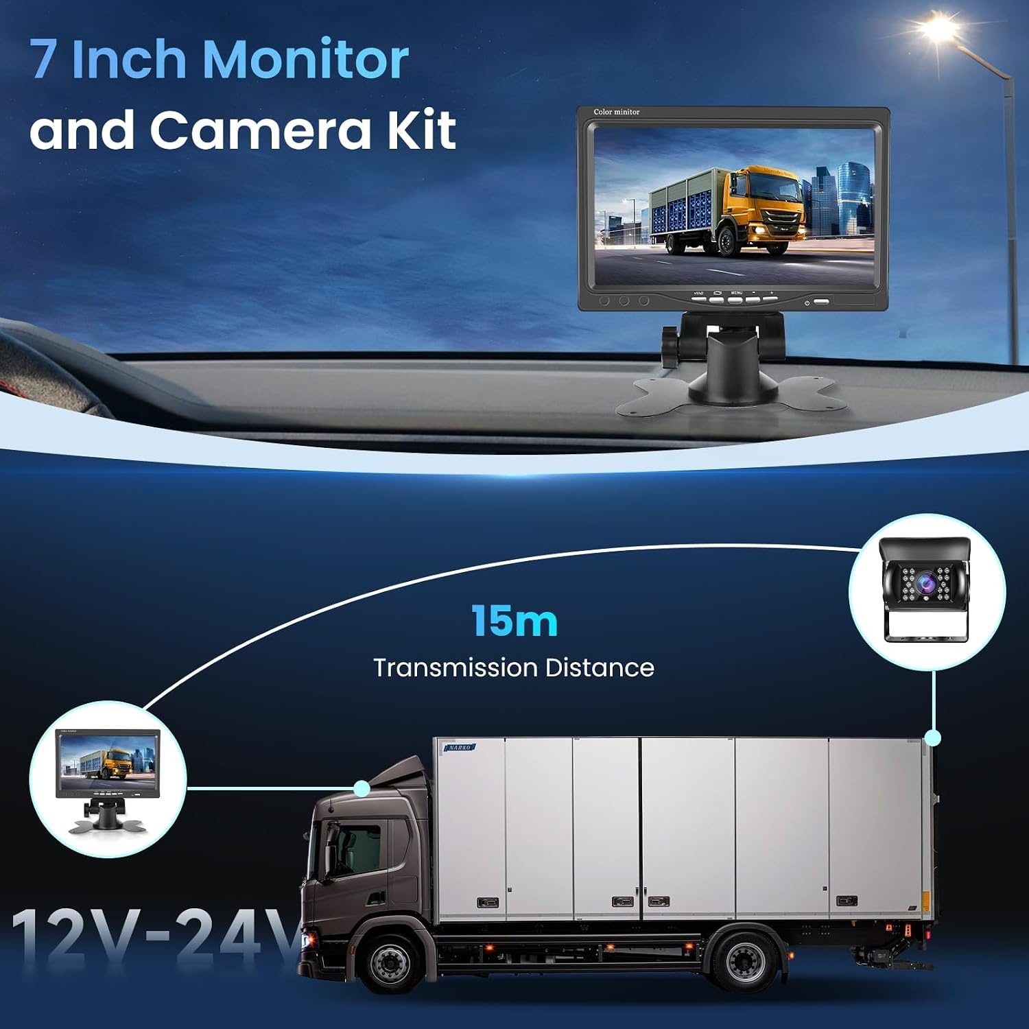 Achteruitrijcamera met 7 inch HD-monitor, achteruitrijcamera ondersteunt IR nachtzicht IP69 waterdicht, achteruitrijcamera voor vrachtwagen, bus, camper en aanhanger, kabel 15 m