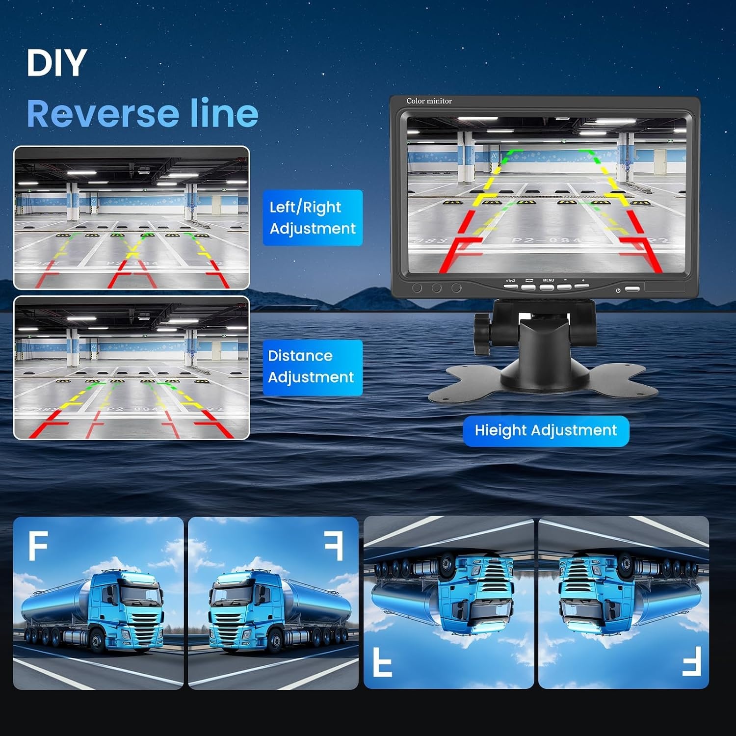Achteruitrijcamera met 7 inch HD-monitor, achteruitrijcamera ondersteunt IR nachtzicht IP69 waterdicht, achteruitrijcamera voor vrachtwagen, bus, camper en aanhanger, kabel 15 m
