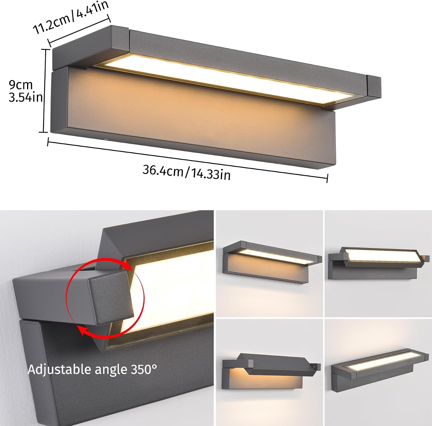 Buitenlamp 36W LED, wandlamp buitenlamp wand, IP65 waterdichte buitenwandlamp 3000K warm wit buitenlamp, wandlamp buiten binnen met 350° zwenkbaar paneel voor tuin terras balkon donkergrijs