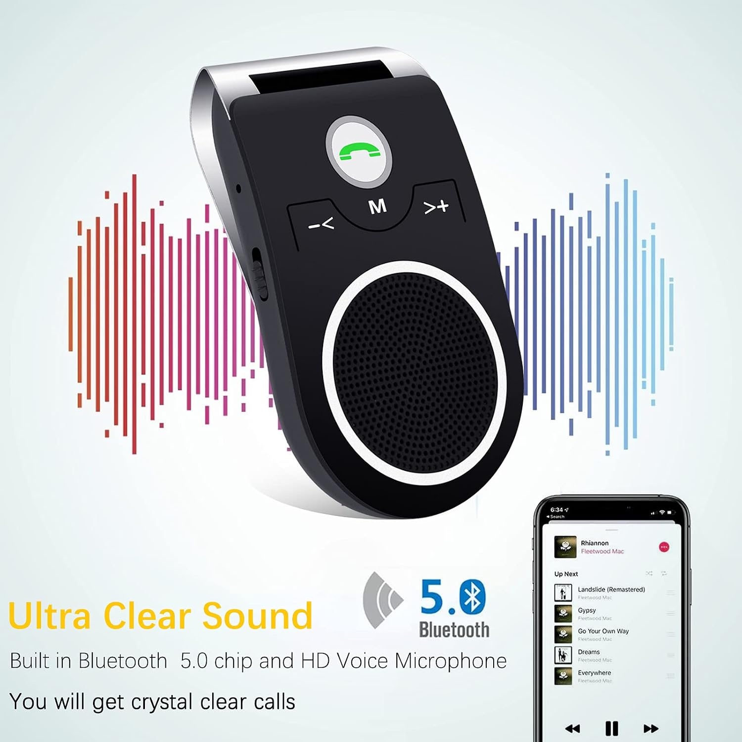 Handsfree Bluetooth Car Kit Luidsprekertelefoon met ruisonderdrukking 5.0 ontvanger en Siri Assistant voor iPhone en iPad - 20 uur praten
