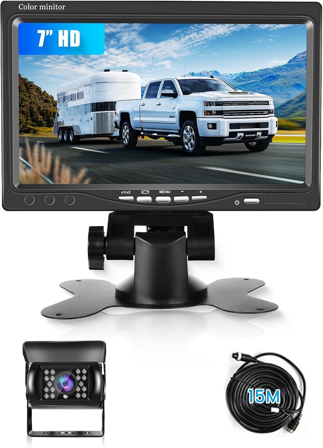 Achteruitrijcamera met 7 inch HD-monitor, achteruitrijcamera ondersteunt IR nachtzicht IP69 waterdicht, achteruitrijcamera voor vrachtwagen, bus, camper en aanhanger, kabel 15 m