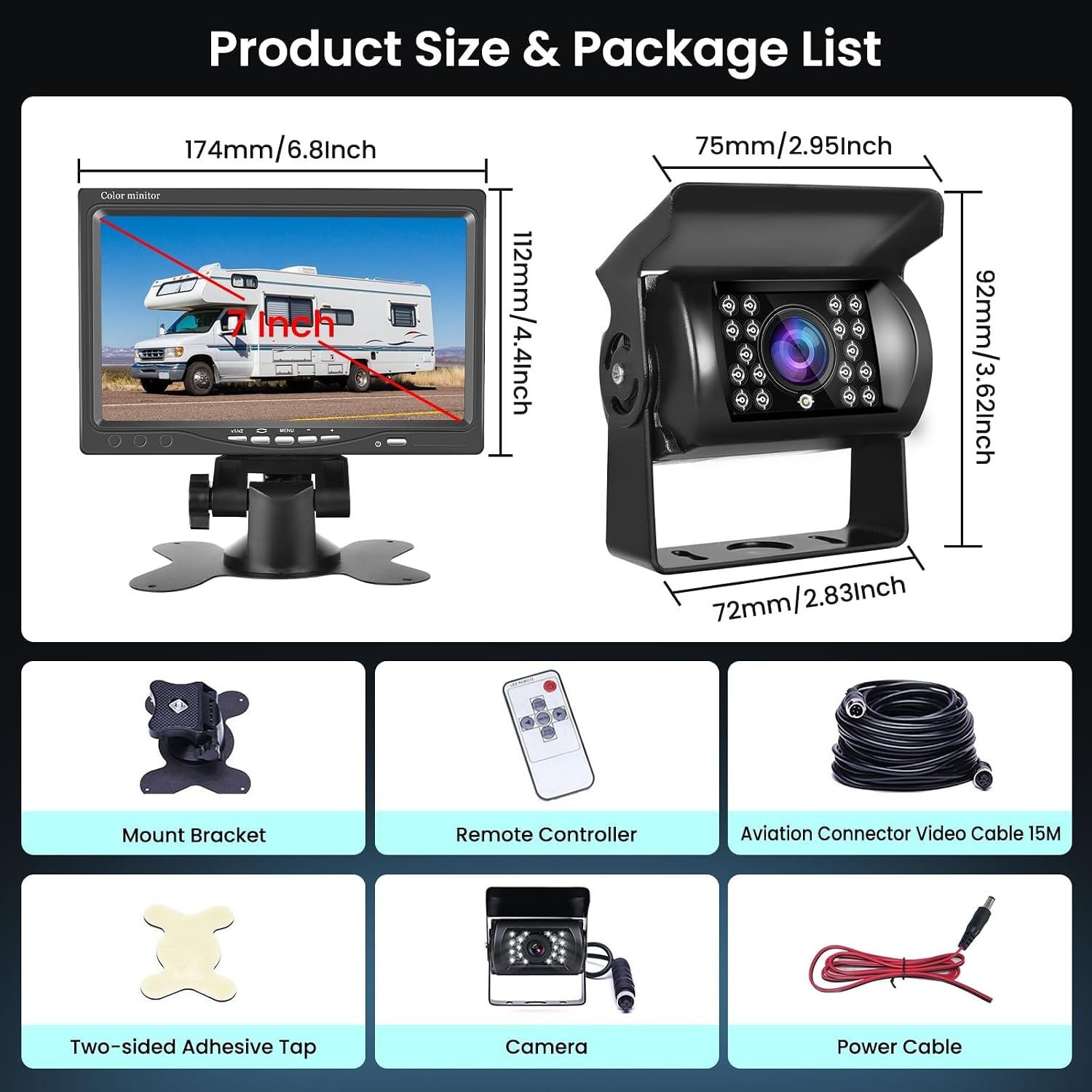 Achteruitrijcamera met 7 inch HD-monitor, achteruitrijcamera ondersteunt IR nachtzicht IP69 waterdicht, achteruitrijcamera voor vrachtwagen, bus, camper en aanhanger, kabel 15 m