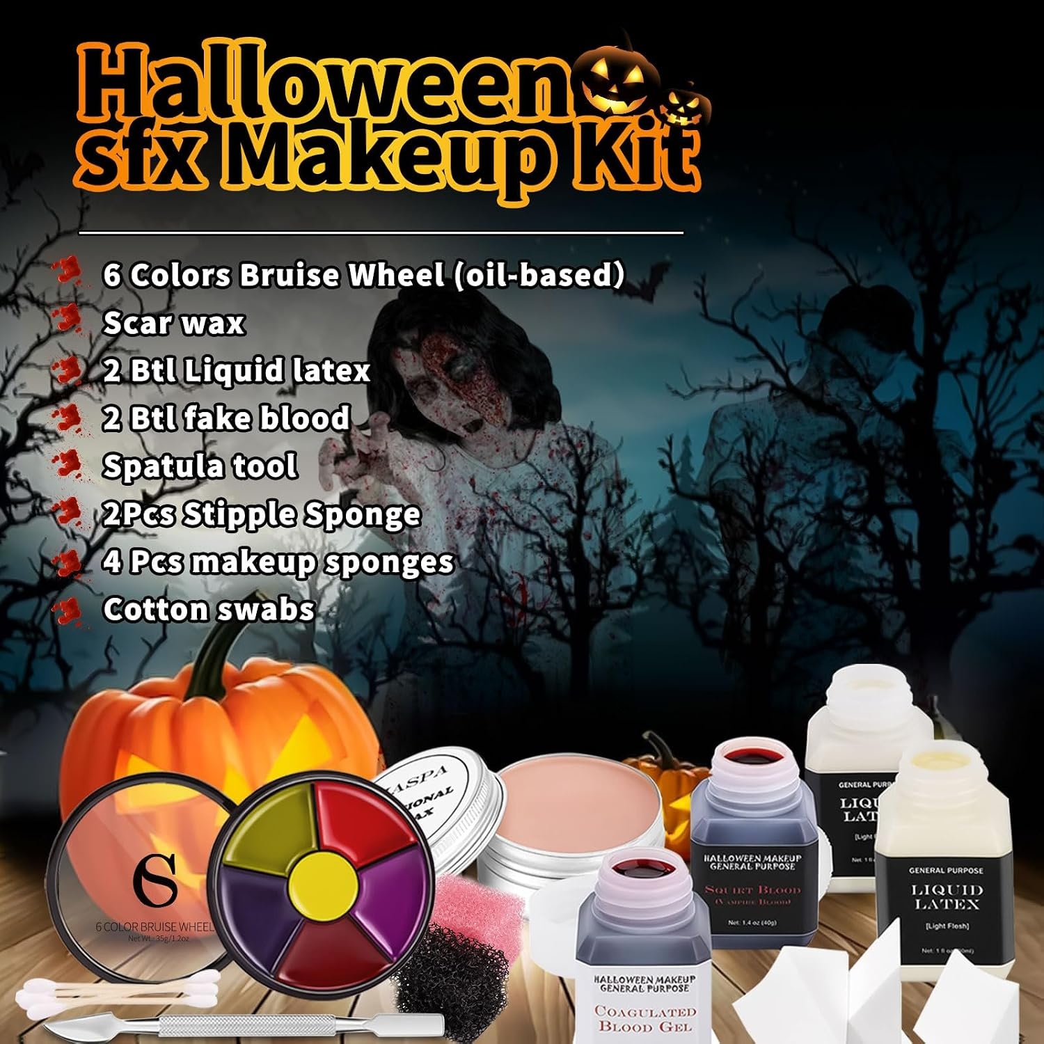 CHASPA Halloween vloeibare latex SFX make-up kit litteken wax + 2 x vloeibare latex + 2 x nepbloed + spatel gereedschap