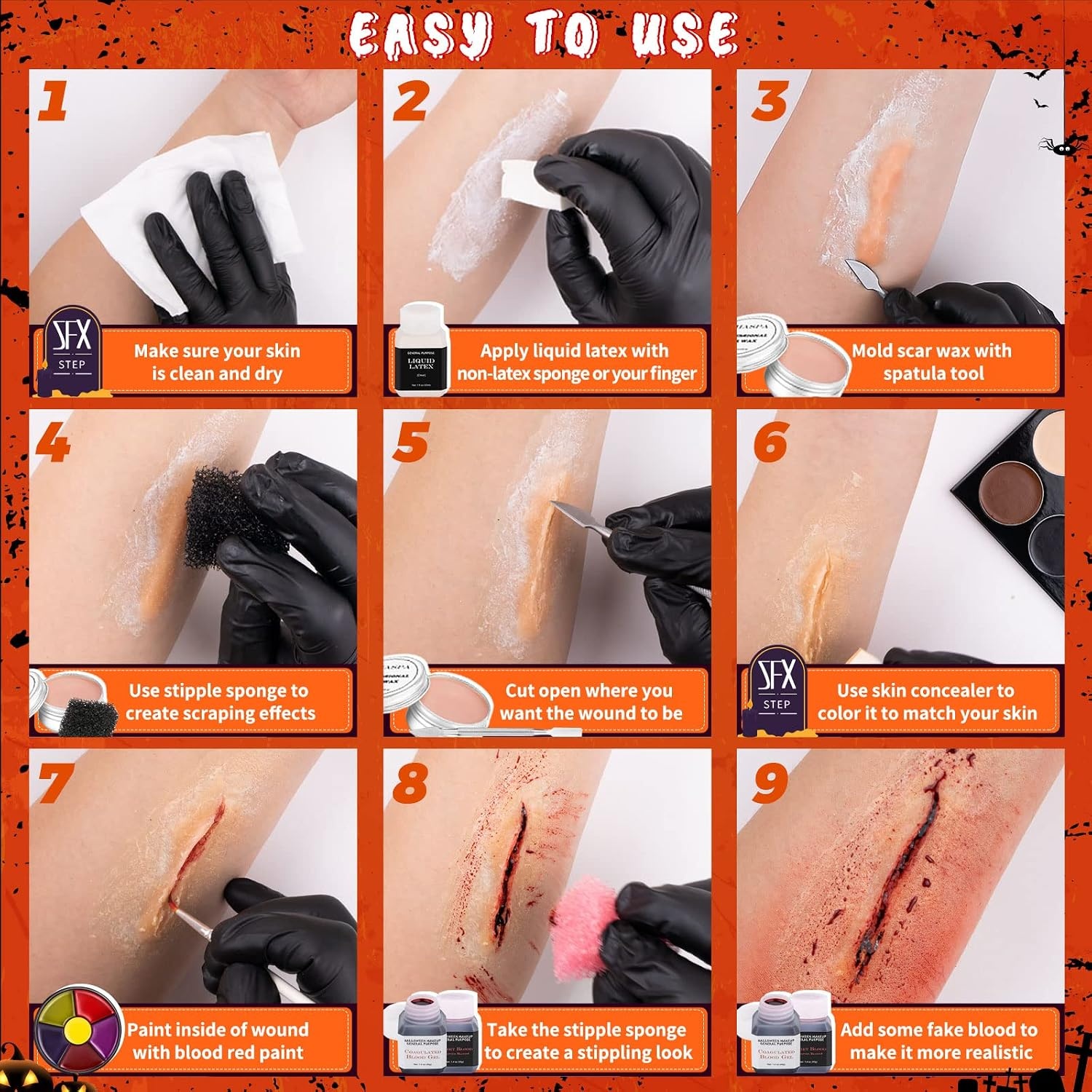 CHASPA Halloween vloeibare latex SFX make-up kit litteken wax + 2 x vloeibare latex + 2 x nepbloed + spatel gereedschap