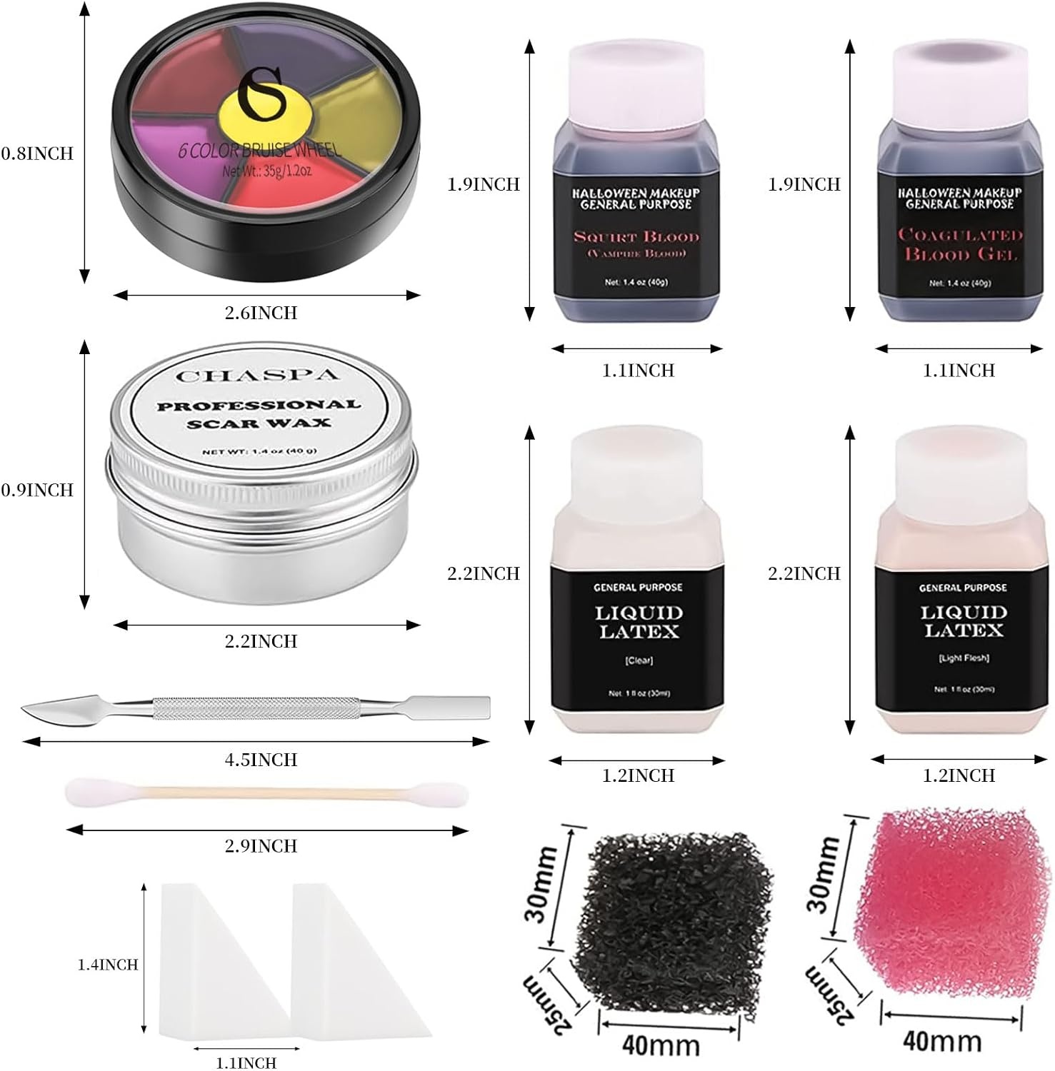 CHASPA Halloween vloeibare latex SFX make-up kit litteken wax + 2 x vloeibare latex + 2 x nepbloed + spatel gereedschap