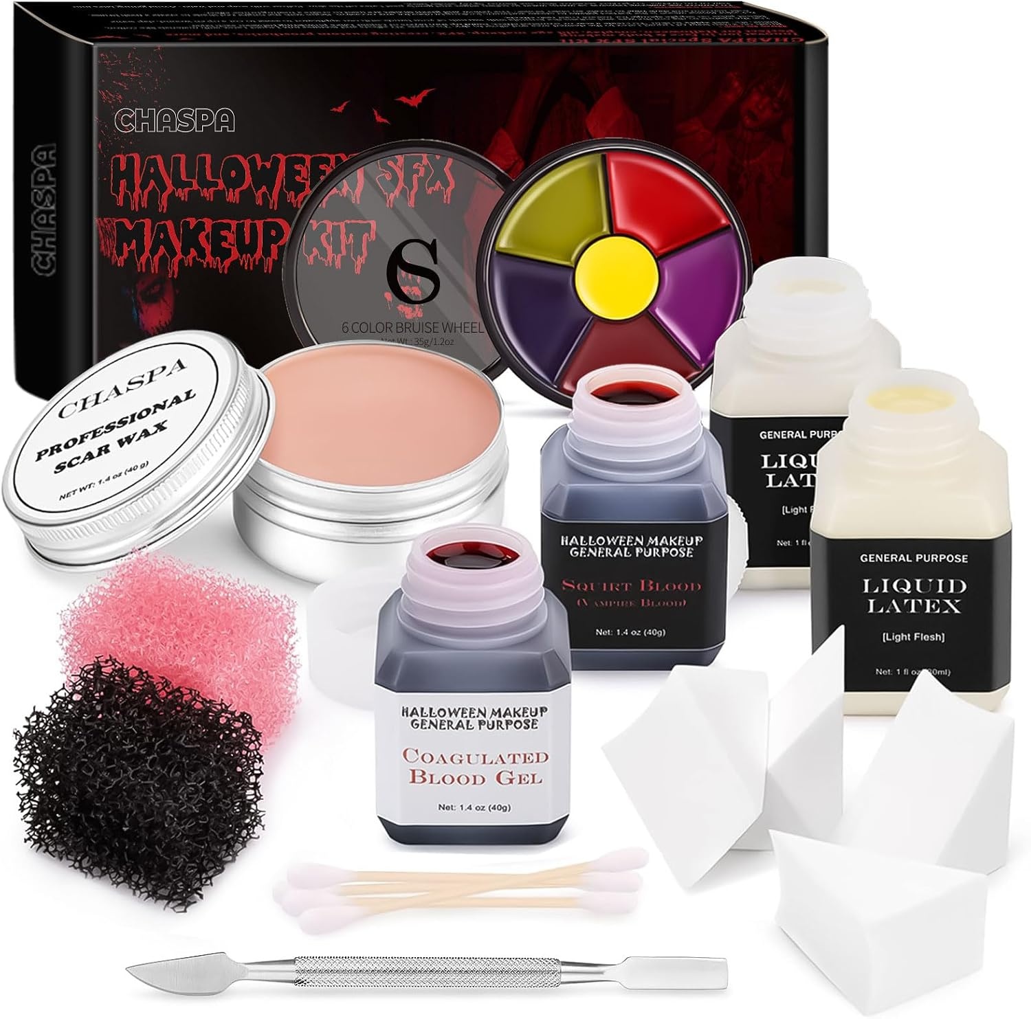 CHASPA Halloween vloeibare latex SFX make-up kit litteken wax + 2 x vloeibare latex + 2 x nepbloed + spatel gereedschap