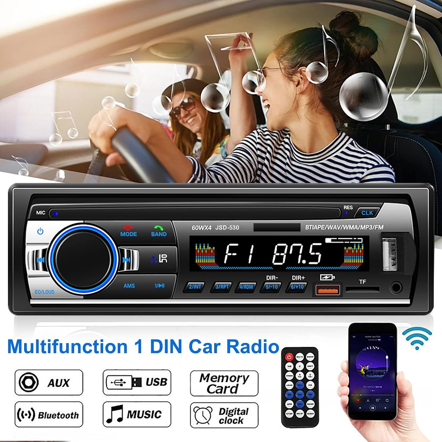 Autoradio Bluetooth 5.0, 4 x 60 W 1 DIN AM/FM autoradio met handsfree functie, stereogeluid met klok/afstandsbediening/dubbel USB/LCD-scherm, ondersteunt 2 USB/AUX/SD/TF/EQ/DSP