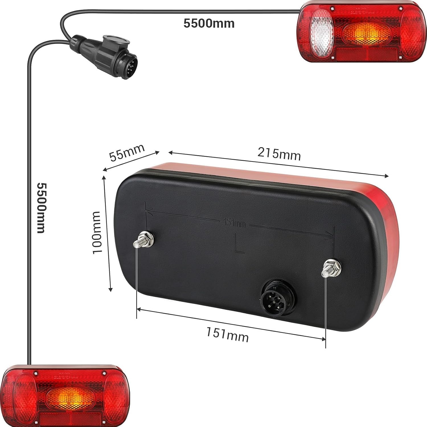 MAMIZO Achterlichtset, aanhanger, achterlicht, 13-polig, aanhangerlicht voor verlichting 12 V, met 6 functies/kabelset 5,5 m x 2/E-goedgekeurd