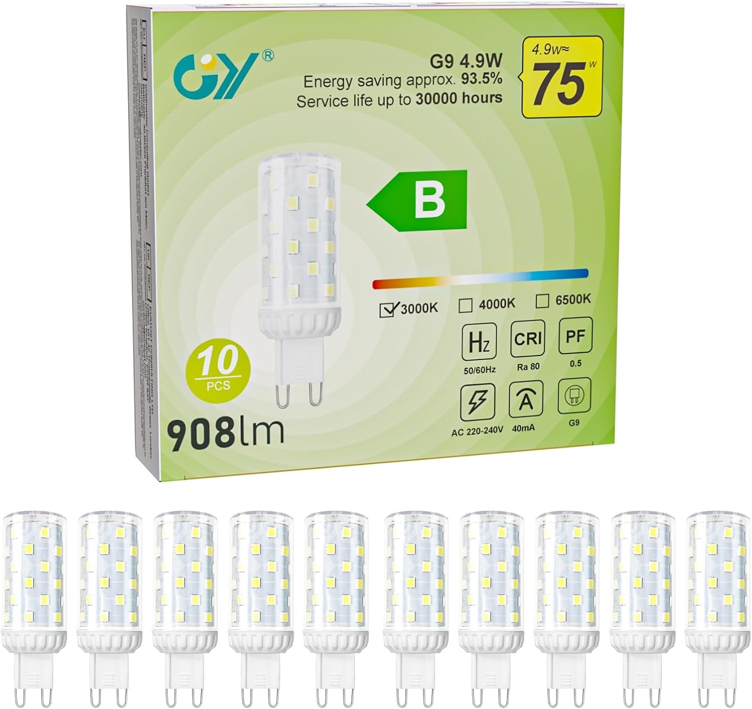 10x G9 LED Lamp Warmwit 4.9W (75W vervanging) - Energieklasse B