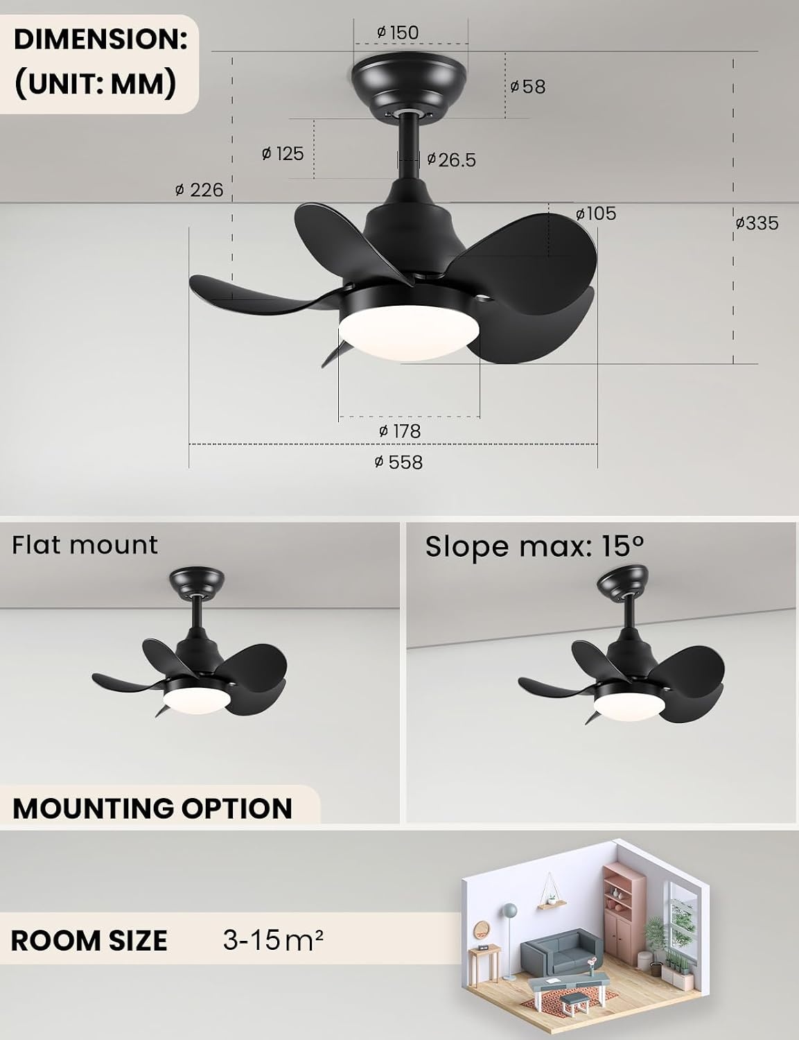 Stil Zwarte Plafondventilator met Licht - 29% Korting