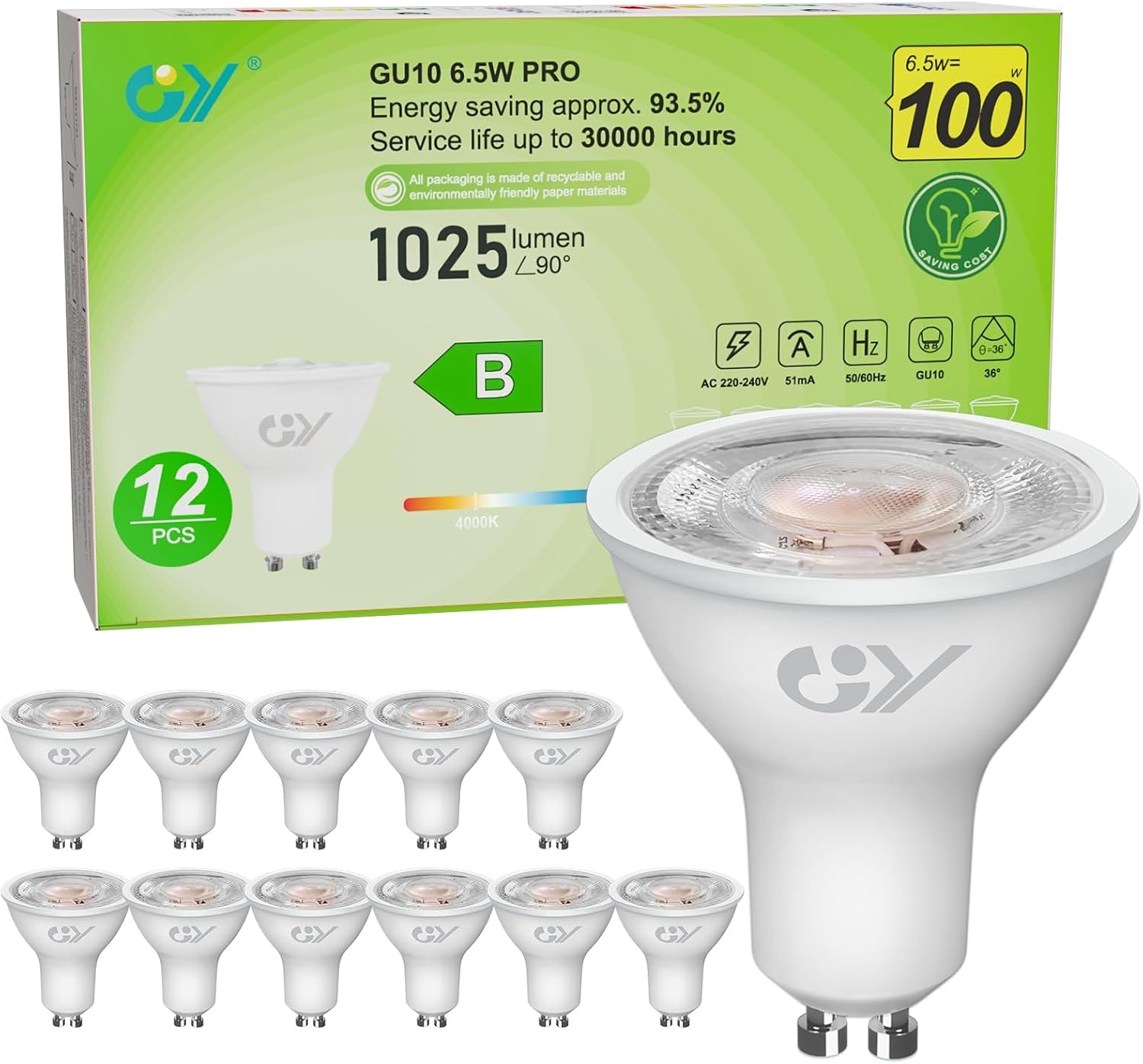 12x GU10 LED Spot 6.5W (100W vervanger) - 4000K Neutraal Wit - 58% Korting
