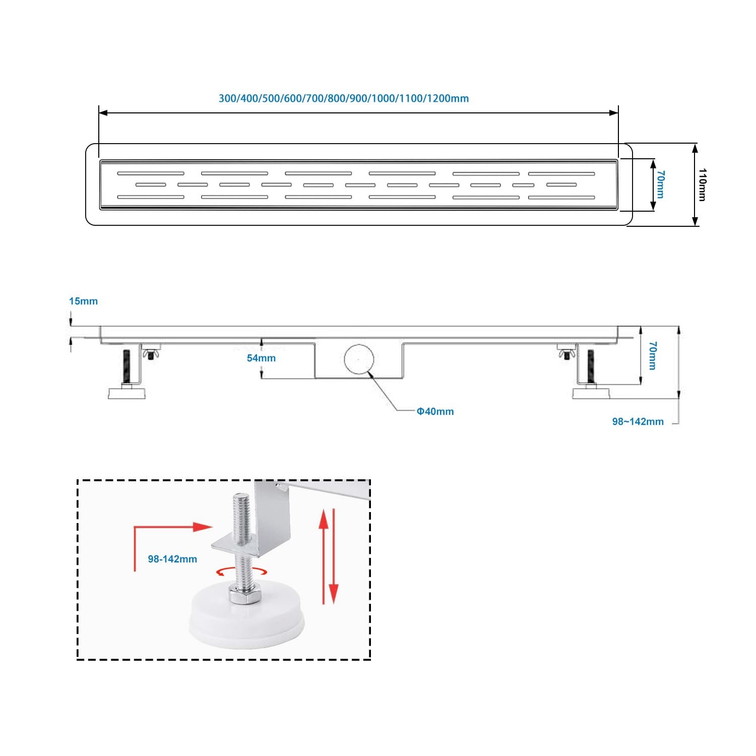 Douchegoot RVS 110cm Extra Plat met Sifon & Haarzeef