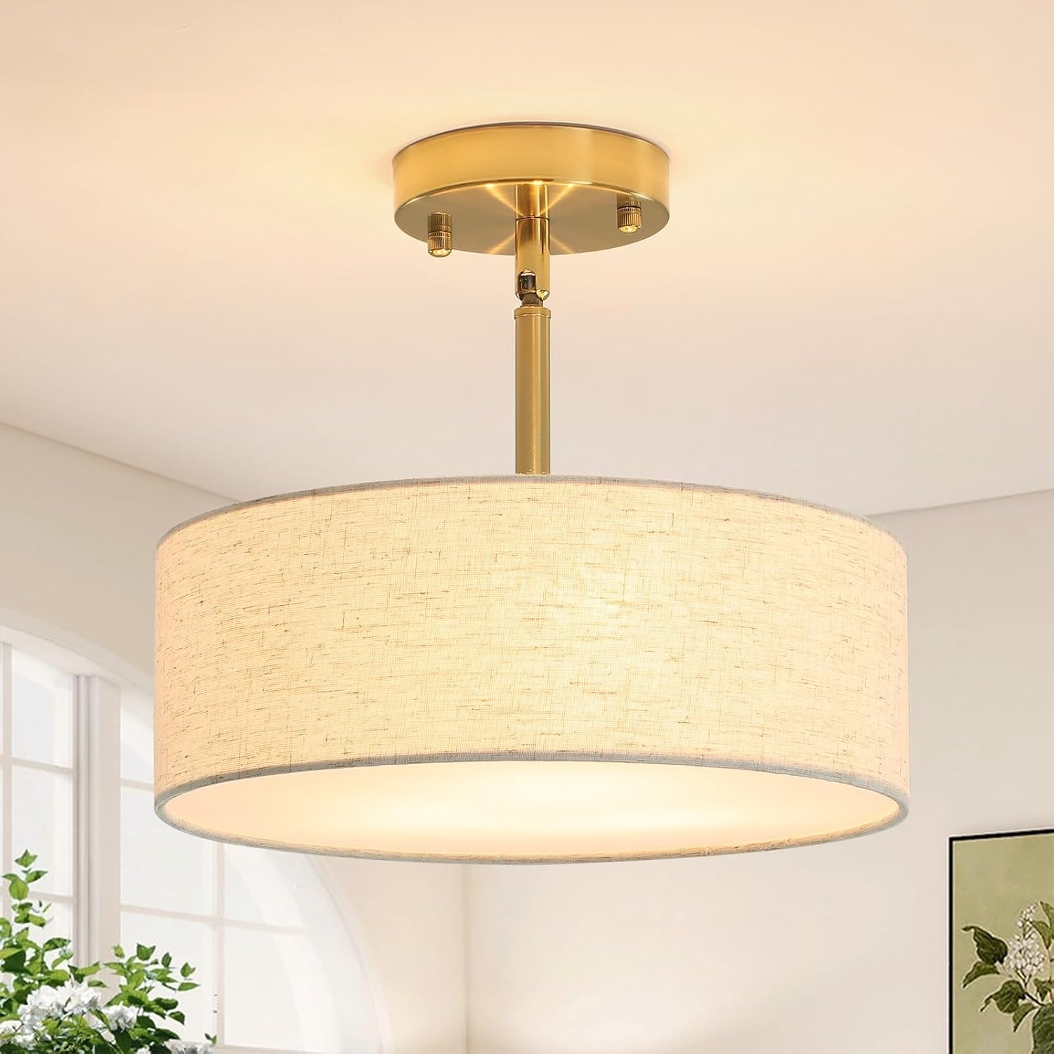 Gouden Kroonluchter Plafondlamp met Witte Stoffen Kappen - 61% Korting