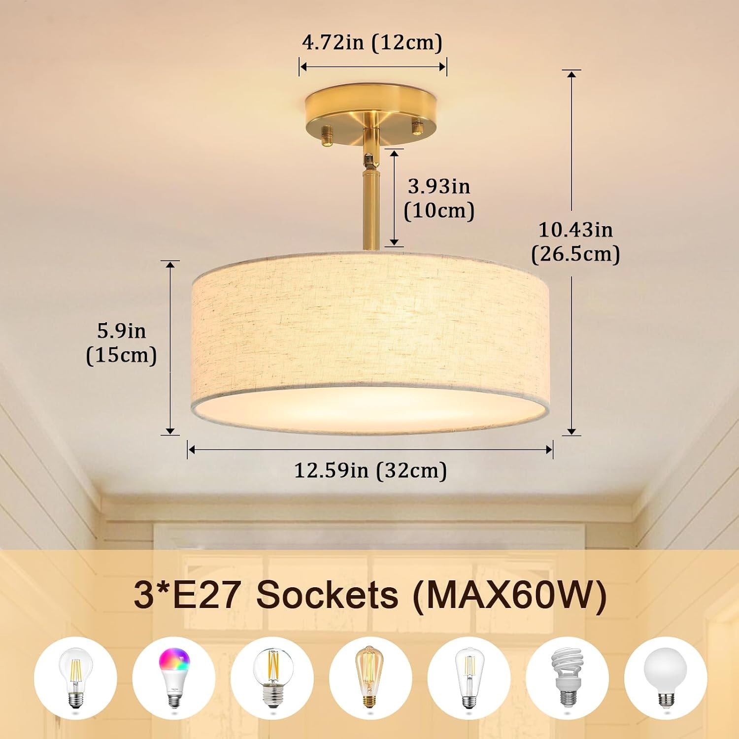 Gouden Kroonluchter Plafondlamp met Witte Stoffen Kappen - 61% Korting