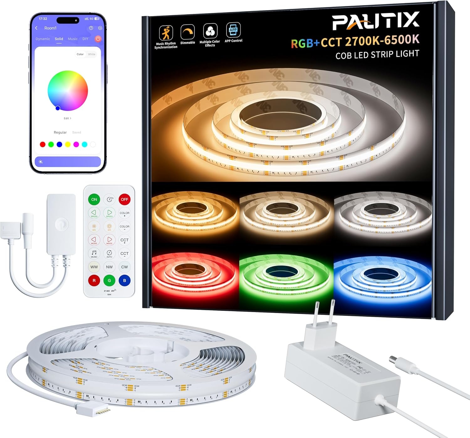 COB LED Strip Kit 5m 24V RGBCCT Kleurveranderend, Dimbaar - 60% Korting