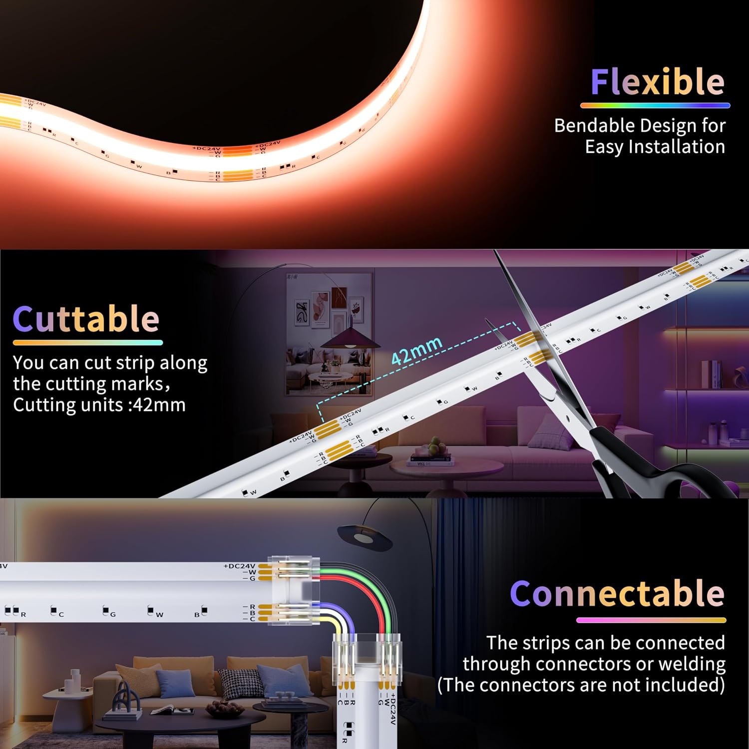 COB LED Strip Kit 5m 24V RGBCCT Kleurveranderend, Dimbaar - 60% Korting