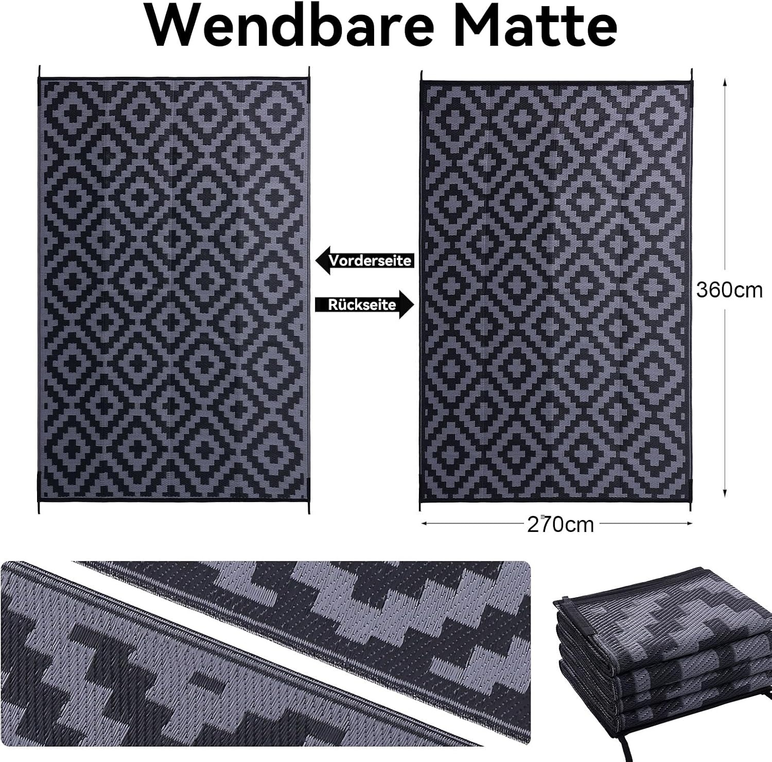 Homaxy Buitenkleed Zwart/Grijs 270x360 cm - Omkeerbaar & UV-bestendig