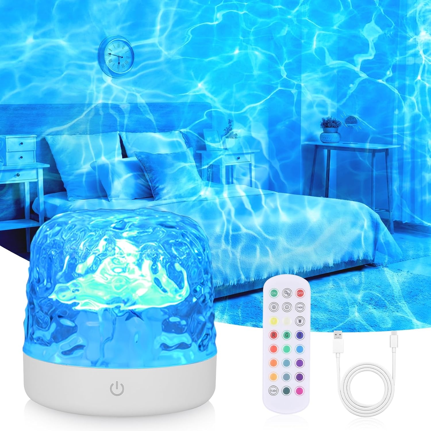 Projectielamp met Watergolven Effect, RGB Sfeerlamp voor Slaapkamer, 16 Kleuren Afstandsbediening, USB Oplaadbare Golfprojector, Dimbaar Nachtlampje voor Slaap, Gamingkamer, Decoratie Cadeau