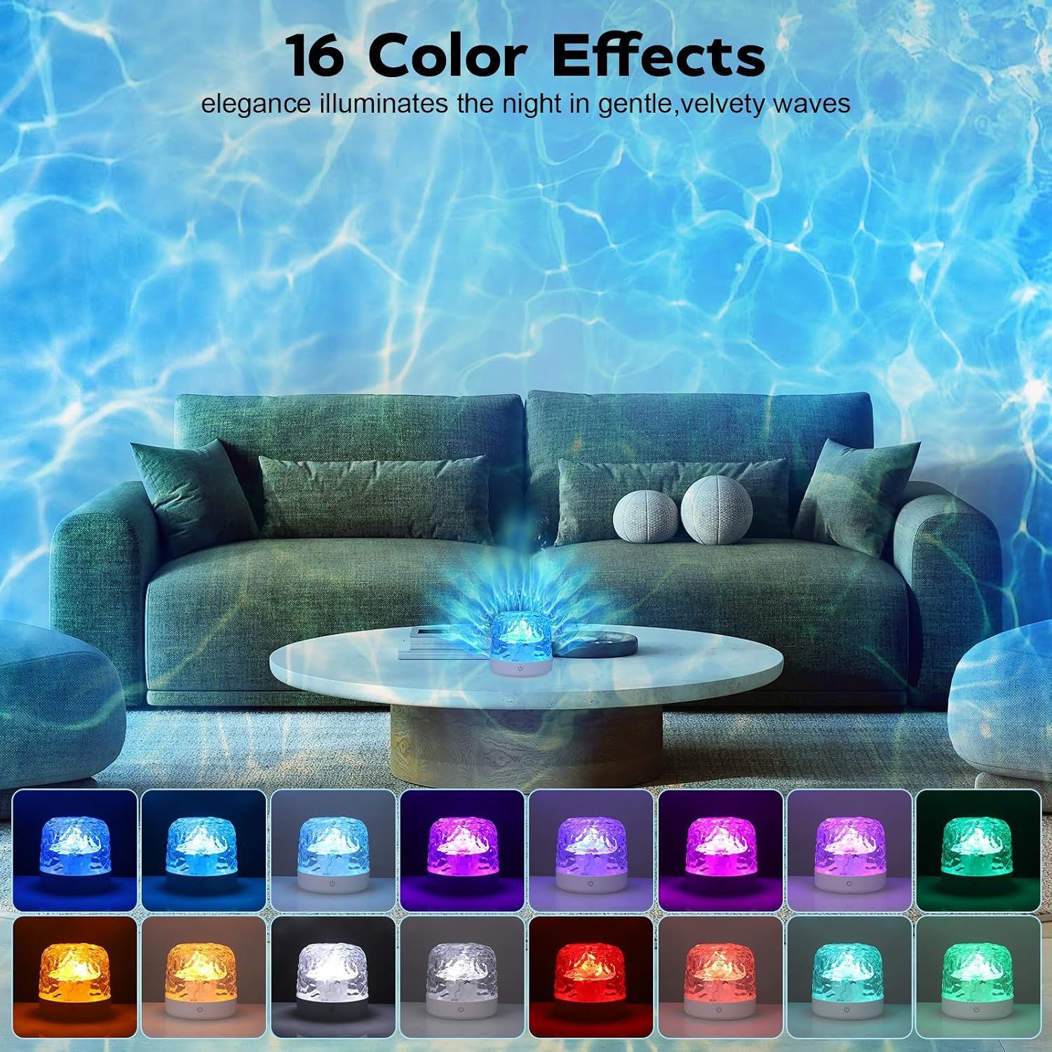 Projectielamp met Watergolven Effect, RGB Sfeerlamp voor Slaapkamer, 16 Kleuren Afstandsbediening, USB Oplaadbare Golfprojector, Dimbaar Nachtlampje voor Slaap, Gamingkamer, Decoratie Cadeau
