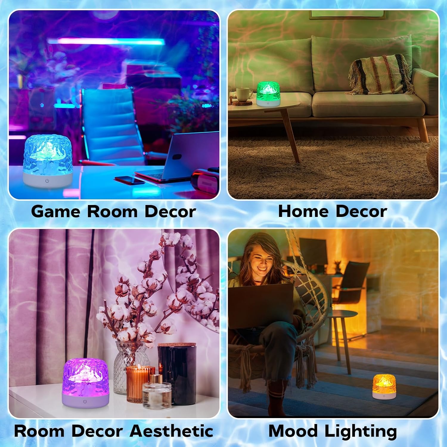 Projectielamp met Watergolven Effect, RGB Sfeerlamp voor Slaapkamer, 16 Kleuren Afstandsbediening, USB Oplaadbare Golfprojector, Dimbaar Nachtlampje voor Slaap, Gamingkamer, Decoratie Cadeau