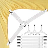 Bedlakklemmen, verstelbaar, 60-220 cm, 8 stuks, elastische bedlakenspanners met metalen clips, voor hoeslaken, matras, strijkplank en bank, kreukvrije hoesspanners, wit