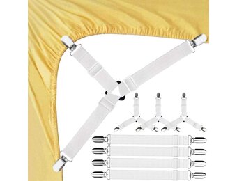 Bedlakklemmen, verstelbaar, 60-220 cm, 8 stuks, elastische bedlakenspanners met metalen clips, voor hoeslaken, matras, strijkplank en bank, kreukvrije hoesspanners, wit