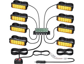 EYPINS 8 x waarschuwingslampje voor de auto, knipperlicht, stroboscoop, 12 W/licht, 14 flitsmodi, waarschuwingslicht, barnsteen, noodgevallen, flitser voor 12/24 V, vrachtwagen, noodgevallen