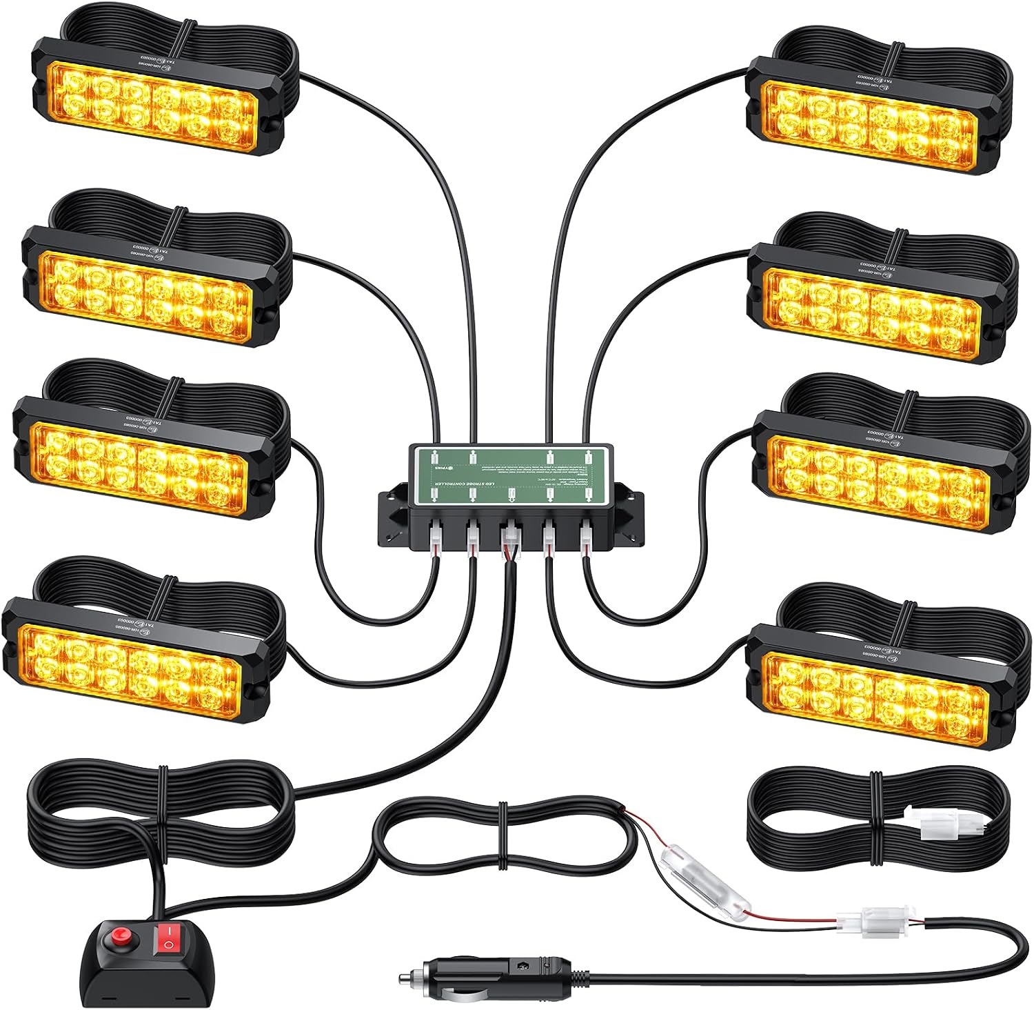 EYPINS 8 x waarschuwingslampje voor de auto, knipperlicht, stroboscoop, 12 W/licht, 14 flitsmodi, waarschuwingslicht, barnsteen, noodgevallen, flitser voor 12/24 V, vrachtwagen, noodgevallen