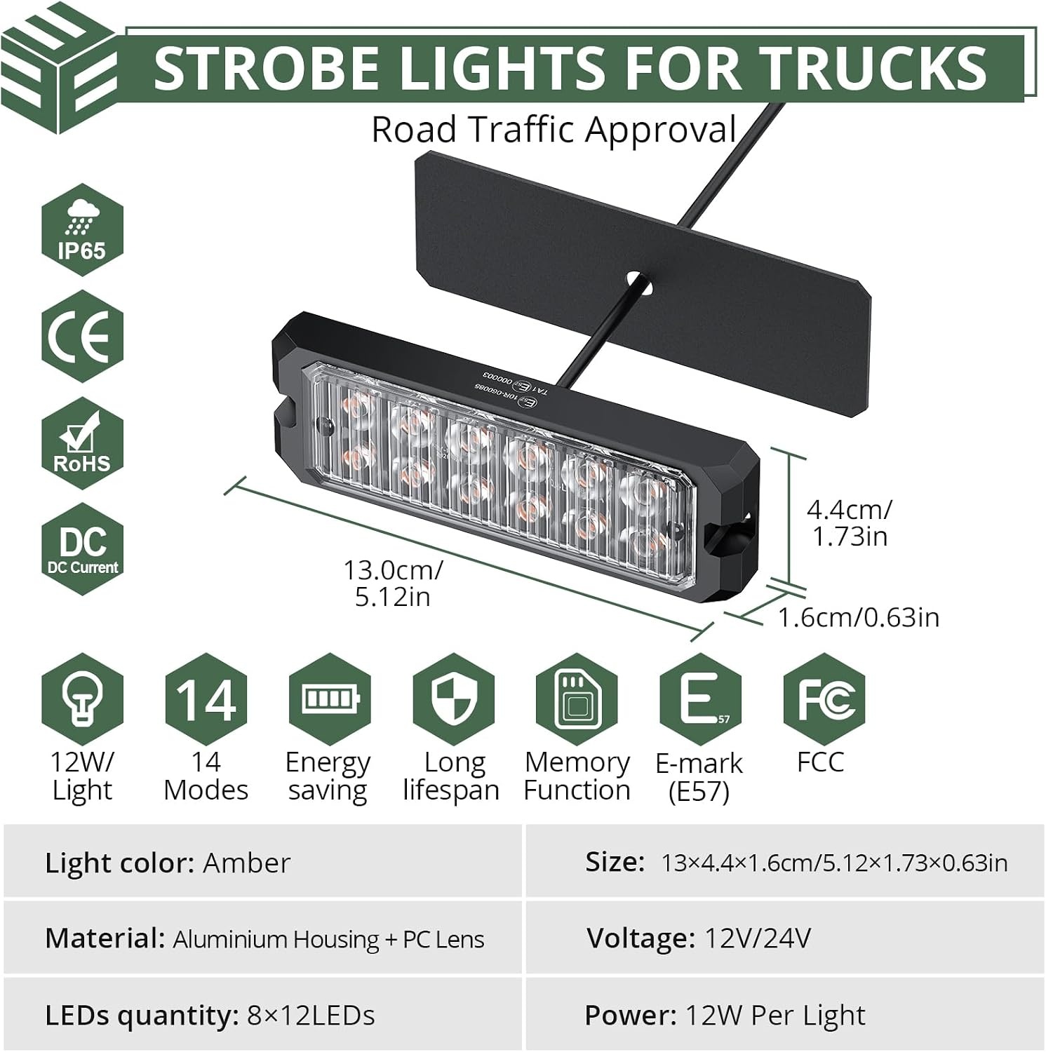 EYPINS 8 x waarschuwingslampje voor de auto, knipperlicht, stroboscoop, 12 W/licht, 14 flitsmodi, waarschuwingslicht, barnsteen, noodgevallen, flitser voor 12/24 V, vrachtwagen, noodgevallen