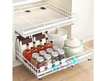 Telescopische Lade, 2 Stuks Uittrekbare Kastorganizer (M+L Set) | Verstelbare Breedte Uitschuifbare Laden, Zelfklevend/Geperforeerd, voor Keuken, Voorraadkast, Woonkamer, Badkamer (Wit)