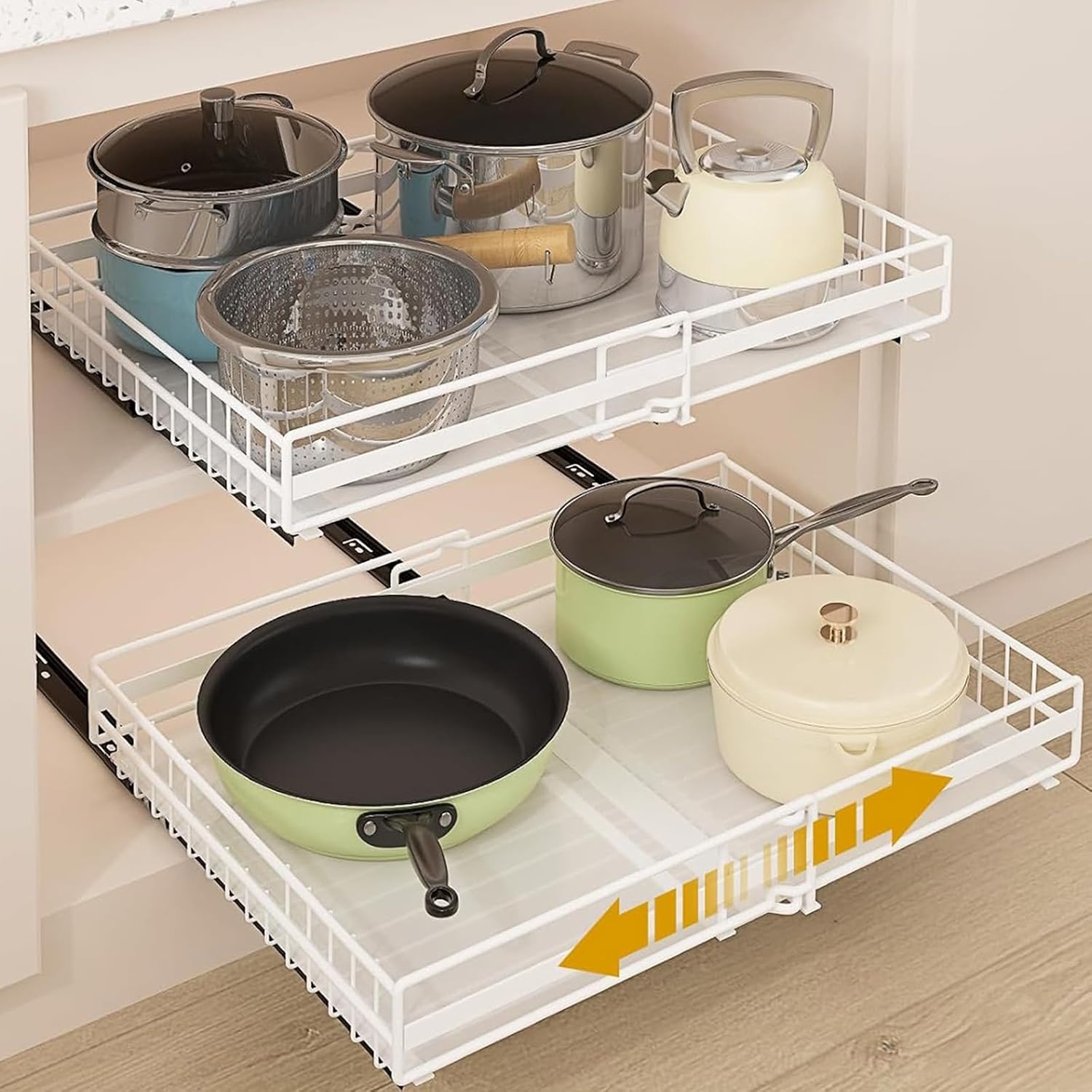 Telescopische Lade, 2 Stuks Uittrekbare Kastorganizer (M+L Set) | Verstelbare Breedte Uitschuifbare Laden, Zelfklevend/Geperforeerd, voor Keuken, Voorraadkast, Woonkamer, Badkamer (Wit)